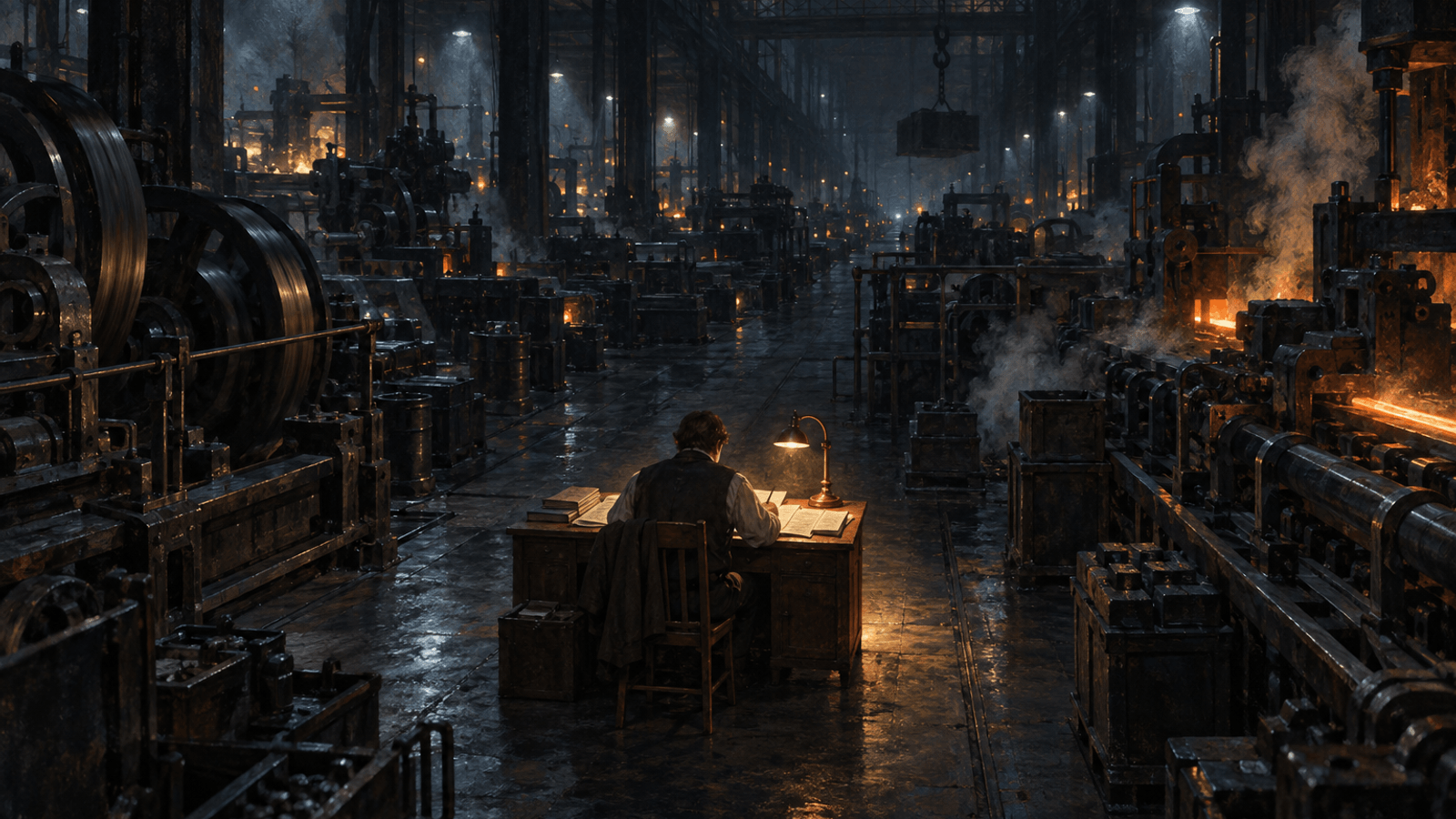 A vast dark factory hall at night with machinery running on both sides, and a single small wooden desk with a lit brass lamp placed in the middle of the floor, a lone figure writing at it